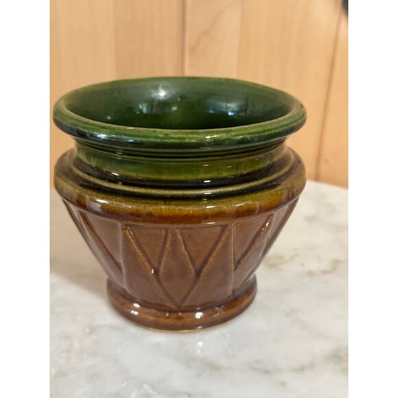 Antique Early McCoy Pottery Blended Brown Green V Design Jardiniere - Picture 3 of 9